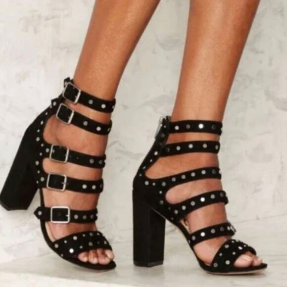 Sam Edelman York Black Studded Gladiator Sandals Block Heel Strappy - Picture 1 of 7
